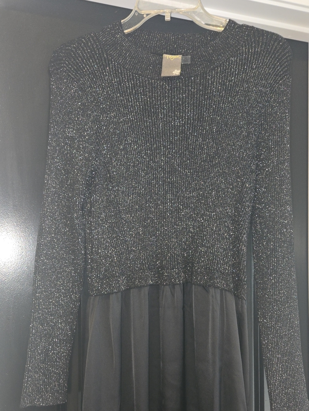 Taylor Black Metallic Knit Bodice Long Sleeve Dress